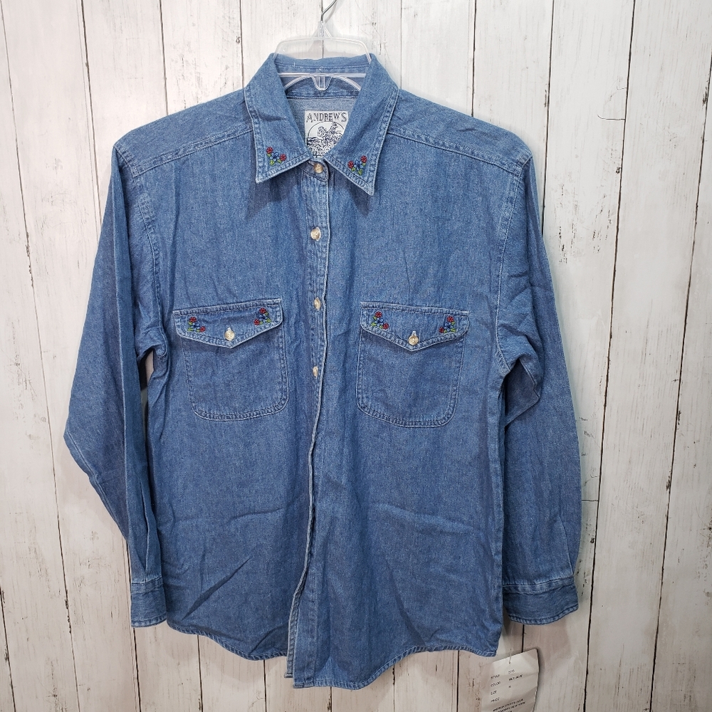 Vintage Deadstock NWT Andrew's Blues Denim Embroidered Shirt Size Medium.